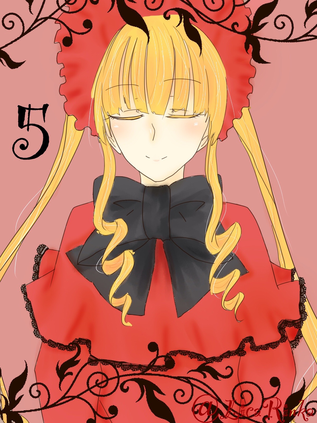 1girl blonde_hair bonnet closed_eyes dress drill_hair flower image long_hair red_rose rose shinku simple_background smile solo twintails upper_body vines