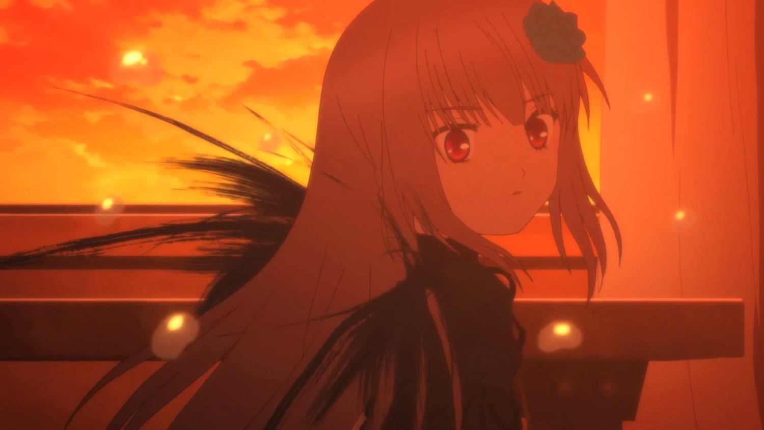 1girl bangs closed_mouth cloud eyebrows_visible_through_hair flower hair_between_eyes hair_flower hair_ornament image long_hair looking_at_viewer outdoors red_eyes sky solo suigintou sunset