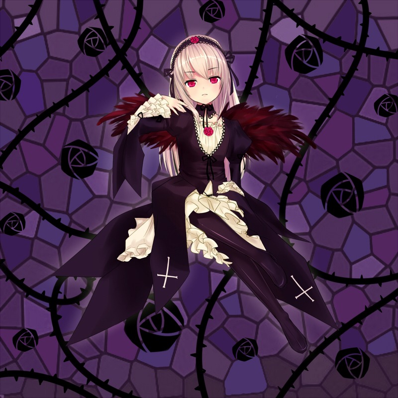 1girl argyle_background chain-link_fence cross dress fence flower frills hairband hexagon honeycomb_(pattern) honeycomb_background image long_hair long_sleeves pantyhose red_eyes rose silk sitting solo spider_web stained_glass suigintou tile_floor tiles vines wings