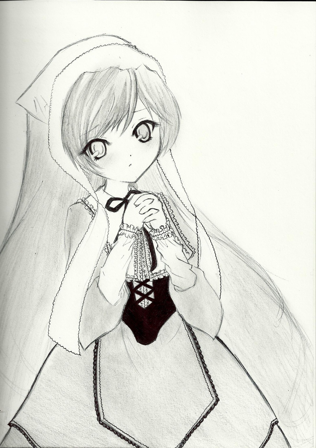 1girl bangs blush dress eyebrows_visible_through_hair greyscale image long_sleeves looking_at_viewer monochrome own_hands_together simple_background solo standing suiseiseki