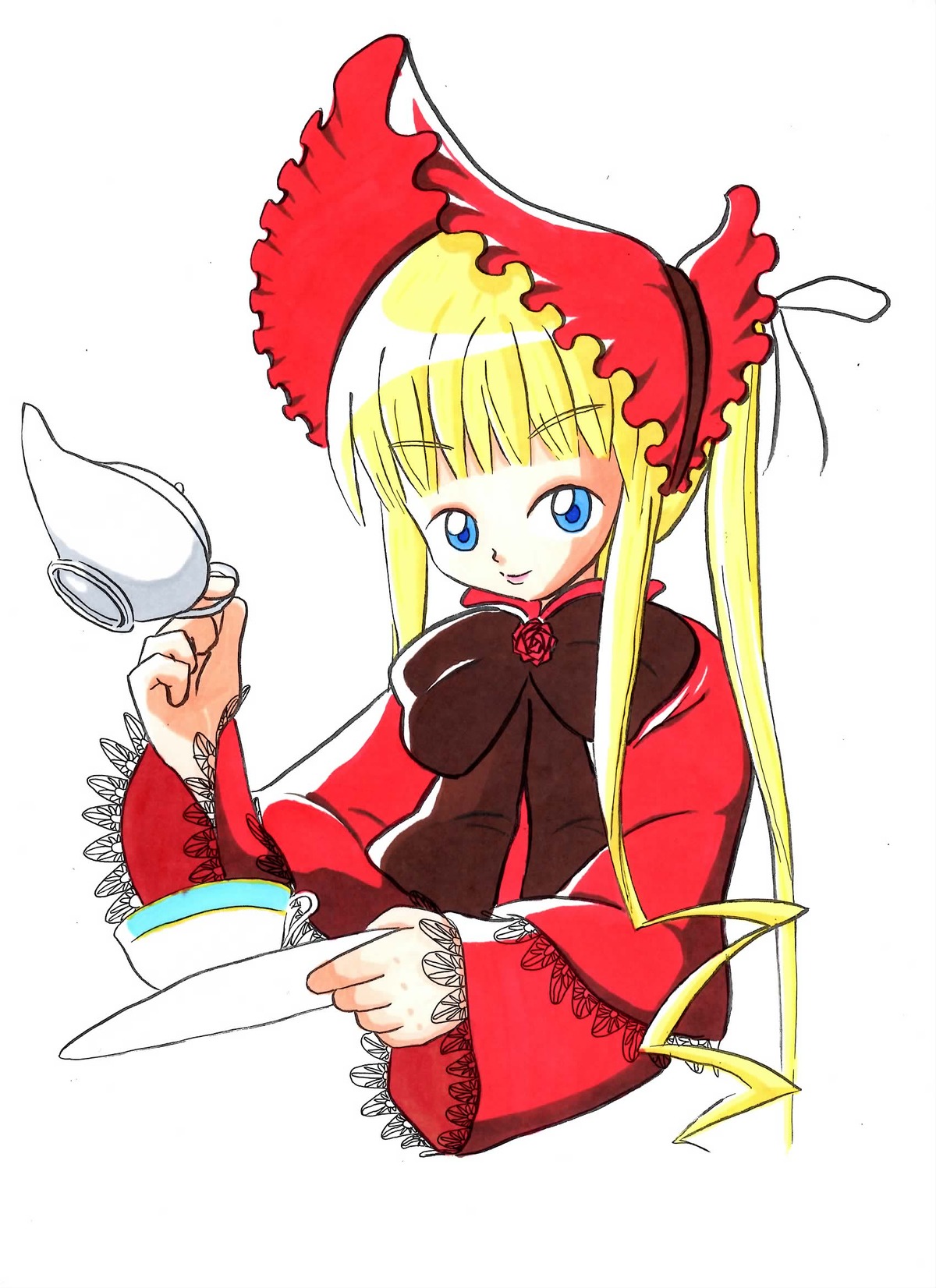 1girl bangs blonde_hair blue_eyes bonnet bow cup dress flower holding_cup image long_hair long_sleeves looking_at_viewer red_dress rose saucer shinku sidelocks simple_background solo table tea teacup twintails white_background