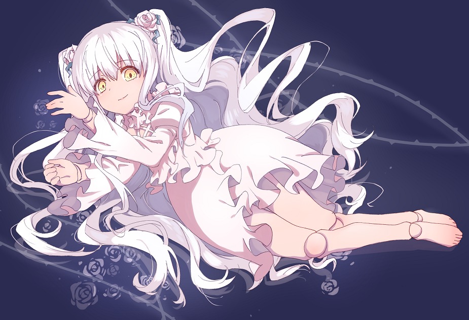 1girl barefoot doll_joints dress flower frills hair_flower hair_ornament image joints kirakishou long_hair long_sleeves looking_at_viewer lying rose smile solo two_side_up very_long_hair white_dress white_flower white_rose yellow_eyes