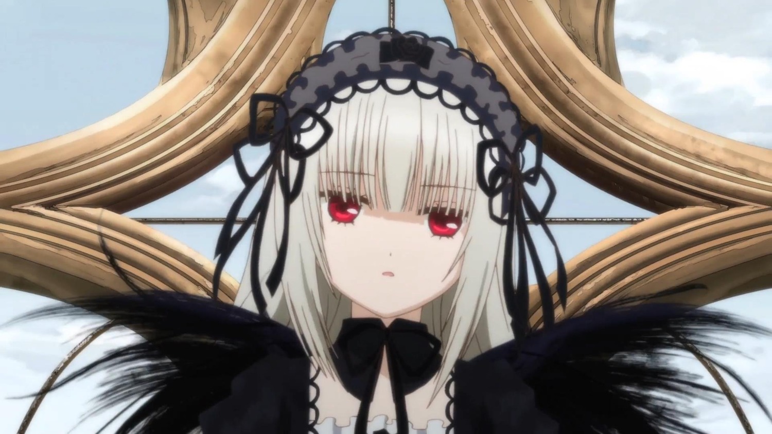 1girl bangs black_dress black_ribbon black_wings detached_collar dress feathered_wings feathers flower hairband image long_hair looking_at_viewer puffy_sleeves red_eyes ribbon silver_hair solo suigintou wings