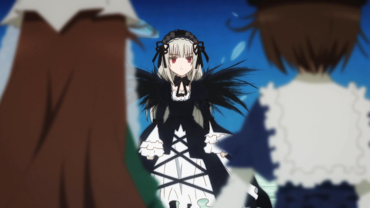 1boy 2girls black_dress black_wings blurry blurry_background blurry_foreground brown_hair depth_of_field dress frills gothic_lolita hairband image lolita_fashion lolita_hairband long_hair long_sleeves motion_blur multiple multiple_girls red_eyes ribbon silver_hair solo_focus suigintou tagme wings