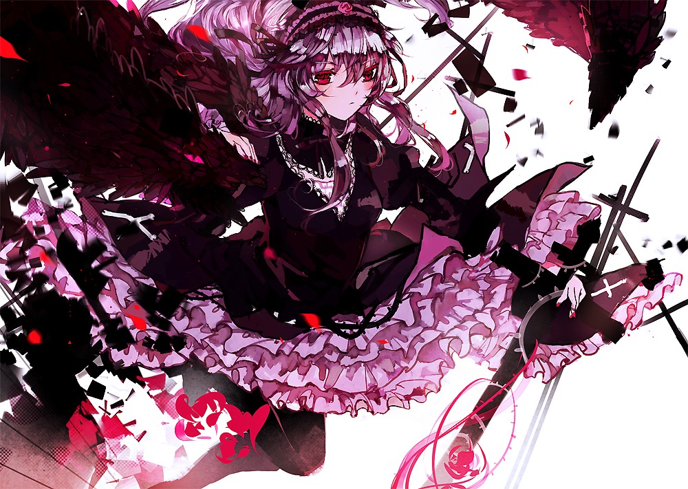 1girl black_dress black_legwear closed_mouth dress frilled_dress frills gothic_lolita hairband image lolita_fashion lolita_hairband long_hair long_sleeves pantyhose pink_hair red_eyes solo suigintou wings