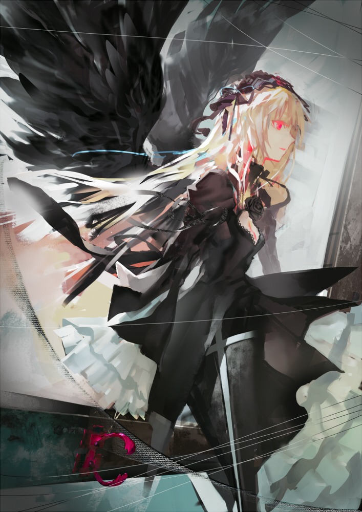 1girl aituoku black_dress black_wings blonde_hair commentary_request dress feathers frills gothic_lolita hairband image lolita_fashion lolita_hairband long_hair long_sleeves puffy_sleeves rain red_eyes rozen_maiden solo standing suigintou weapon wings