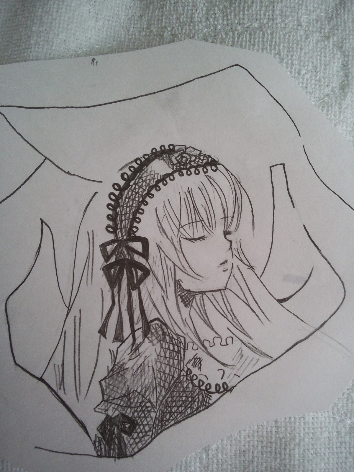 1girl closed_eyes dress hairband image lace long_hair monochrome parted_lips ribbon solo suigintou traditional_media