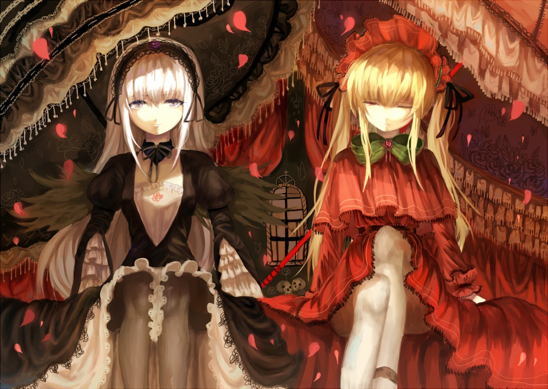 2girls black_legwear blonde_hair bonnet closed_eyes commentary_request dress flower fringe_trim gothic_lolita hairband image lolita_fashion lolita_hairband long_hair multiple_girls pair pantyhose parasol petals purple_eyes rose rose_petals rozen_maiden shinku silver_hair sitting skull suigintou twintails umbrella white_legwear wings xiay