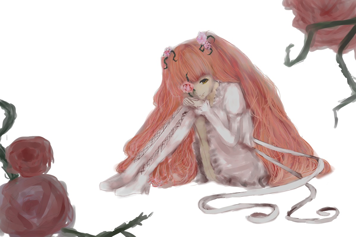 1girl dress elbow_gloves flower hair_ornament image kirakishou long_hair pink_rose plant red_flower red_rose rose sitting solo striped thorns twintails two_side_up vertical_stripes very_long_hair vines