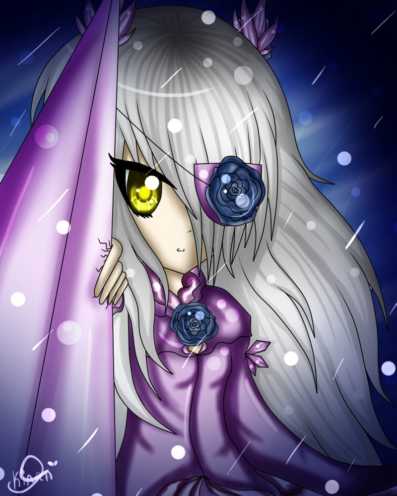 1girl barasuishou blue_flower blue_rose dress eyepatch flower image long_hair long_sleeves looking_at_viewer purple_flower purple_rose rain ribbon rose signature silver_hair solo umbrella yellow_eyes