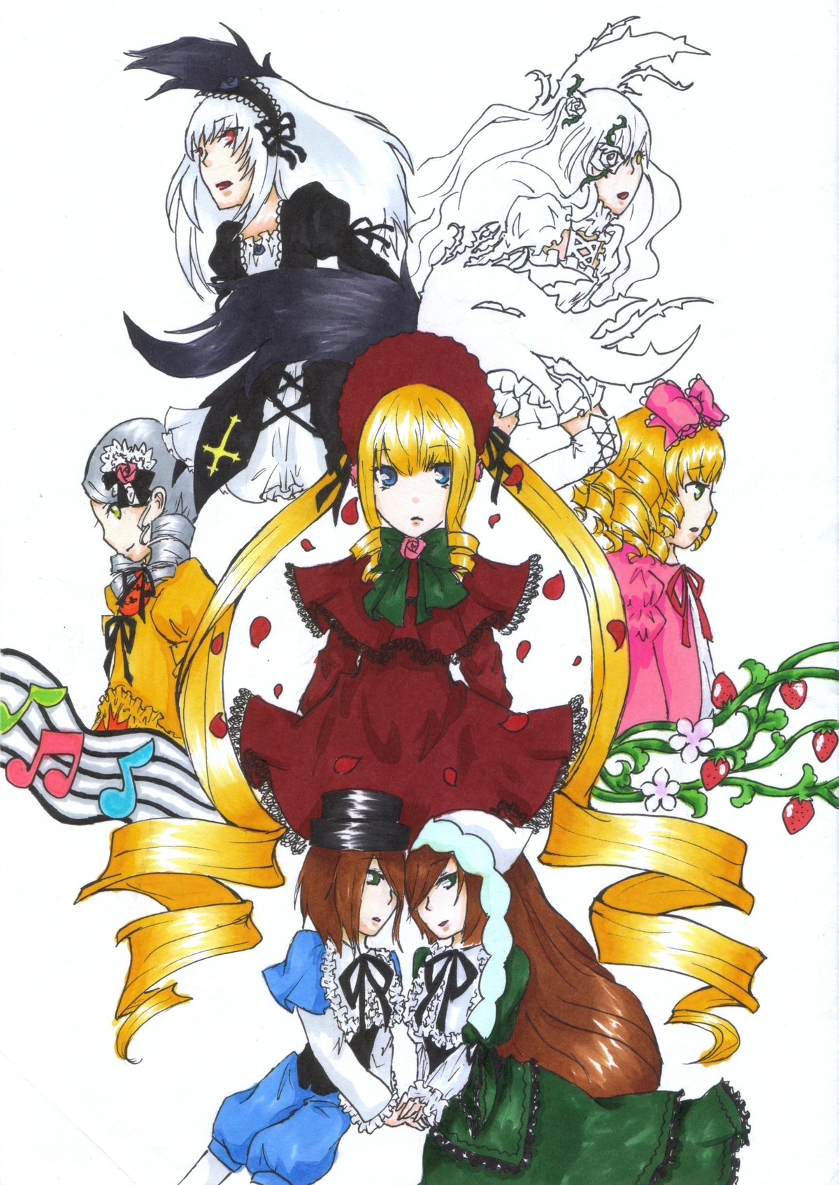 6+girls blonde_hair blue_eyes bow brown_hair dress drill_hair frills hat hina_ichigo image long_hair long_sleeves multiple multiple_girls pink_bow red_dress red_eyes shinku short_hair siblings silver_hair suigintou suiseiseki tagme twintails very_long_hair wings