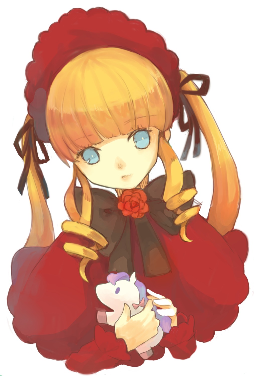 1girl bangs blonde_hair blue_eyes bonnet bow dress drill_hair flower hat image long_hair long_sleeves looking_at_viewer red_dress rose shinku simple_background solo twintails upper_body white_background