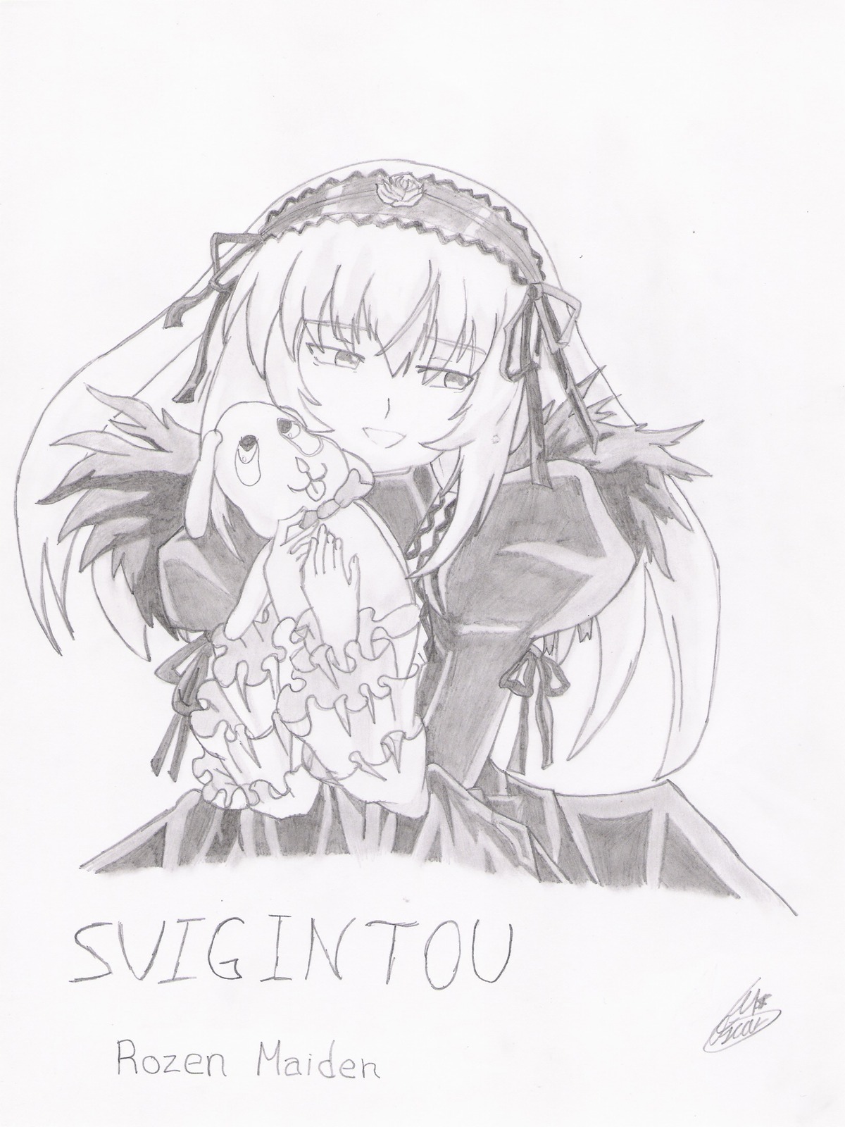 1girl dress frilled_sleeves frills greyscale hairband holding image juliet_sleeves long_hair long_sleeves looking_at_viewer monochrome smile solo striped suigintou traditional_media upper_body wings