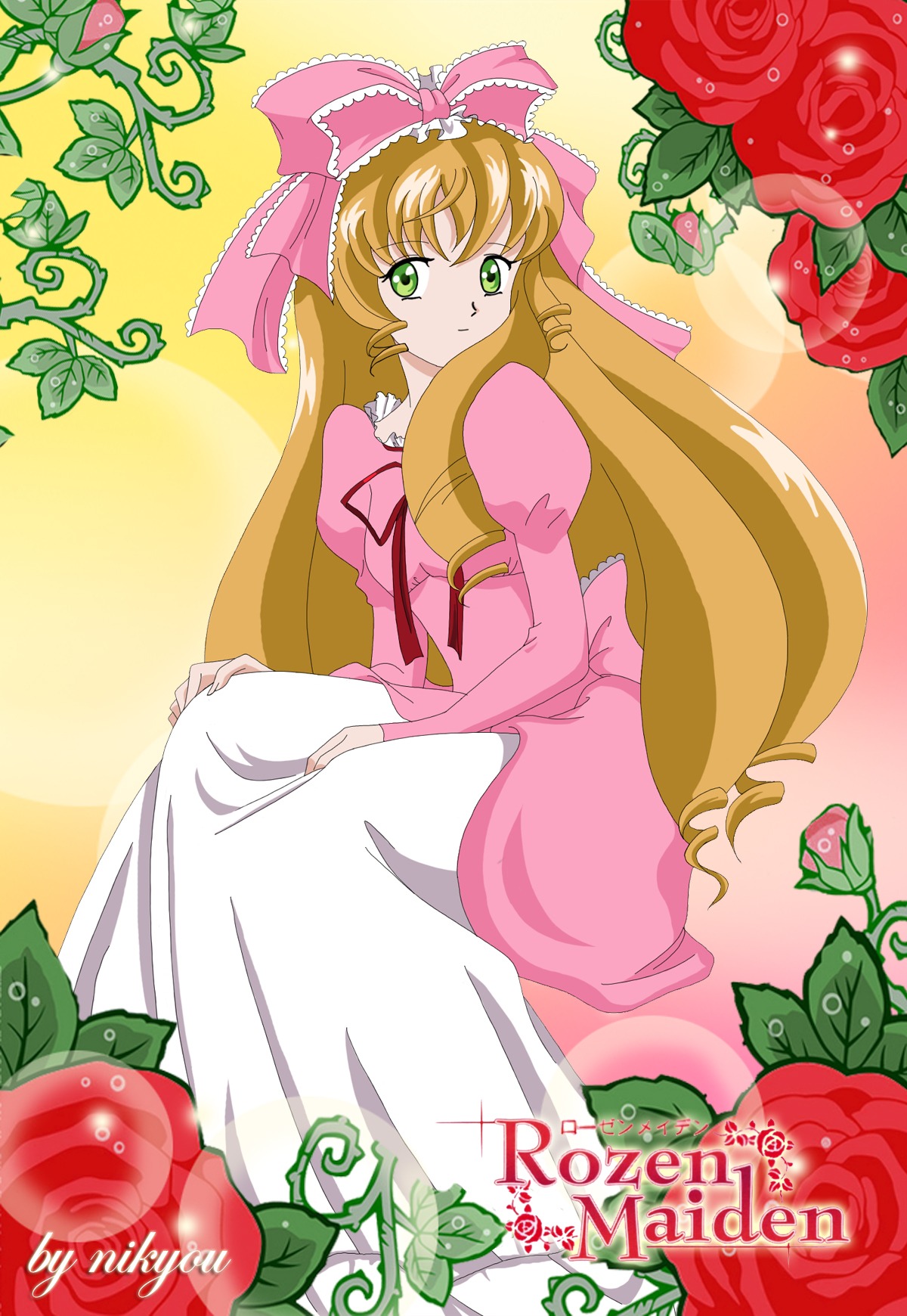 1girl blonde_hair bow dress flower green_eyes hair_bow hina_ichigo hinaichigo image long_hair looking_at_viewer pink_bow pink_dress pink_flower pink_rose red_flower red_rose rose solo very_long_hair