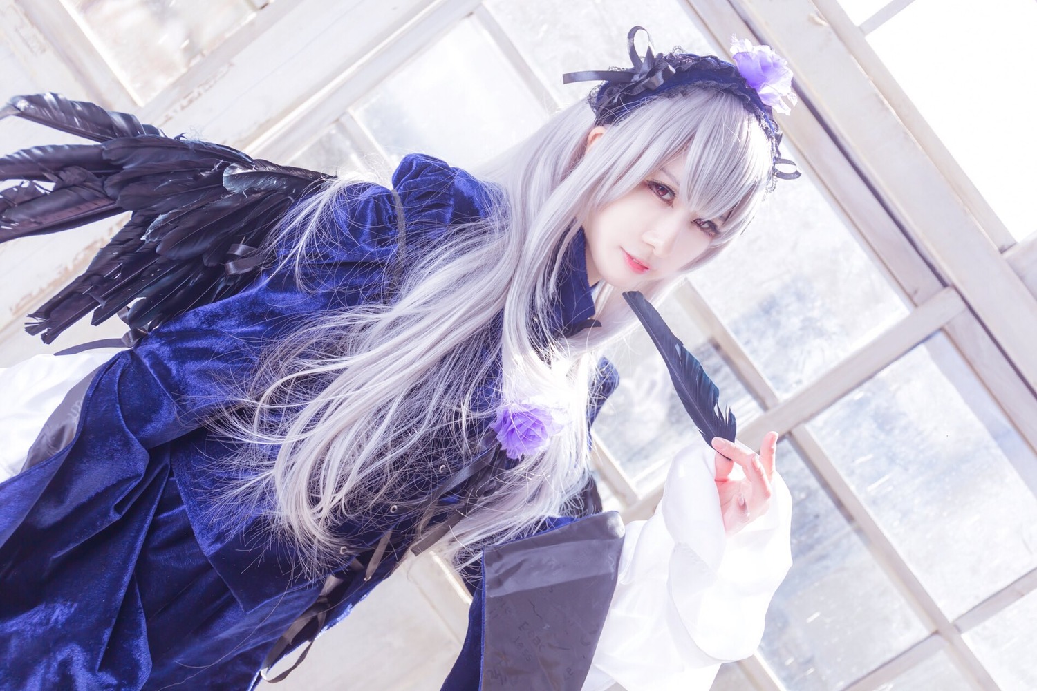 1girl bangs black_wings feathered_wings feathers flower hairband indoors long_hair long_sleeves looking_at_viewer purple_eyes silver_hair solo suigintou window wings