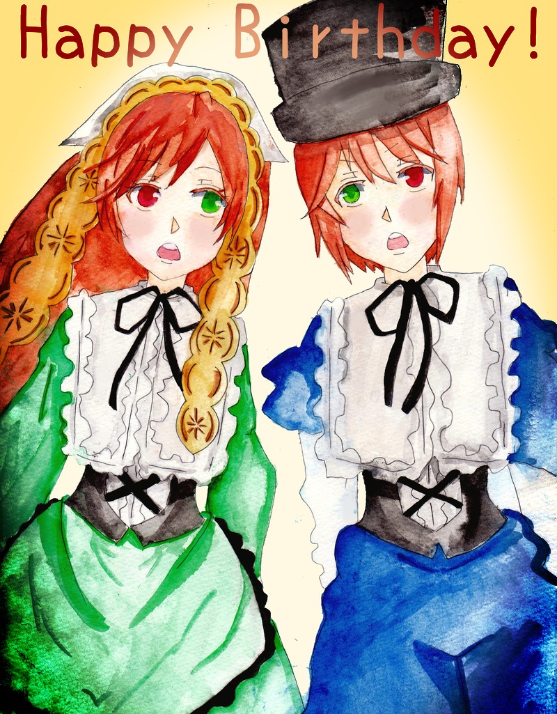 2girls dress frills green_eyes heterochromia image long_hair multiple_girls open_mouth pair red_eyes short_hair siblings sisters souseiseki suiseiseki traditional_media twins