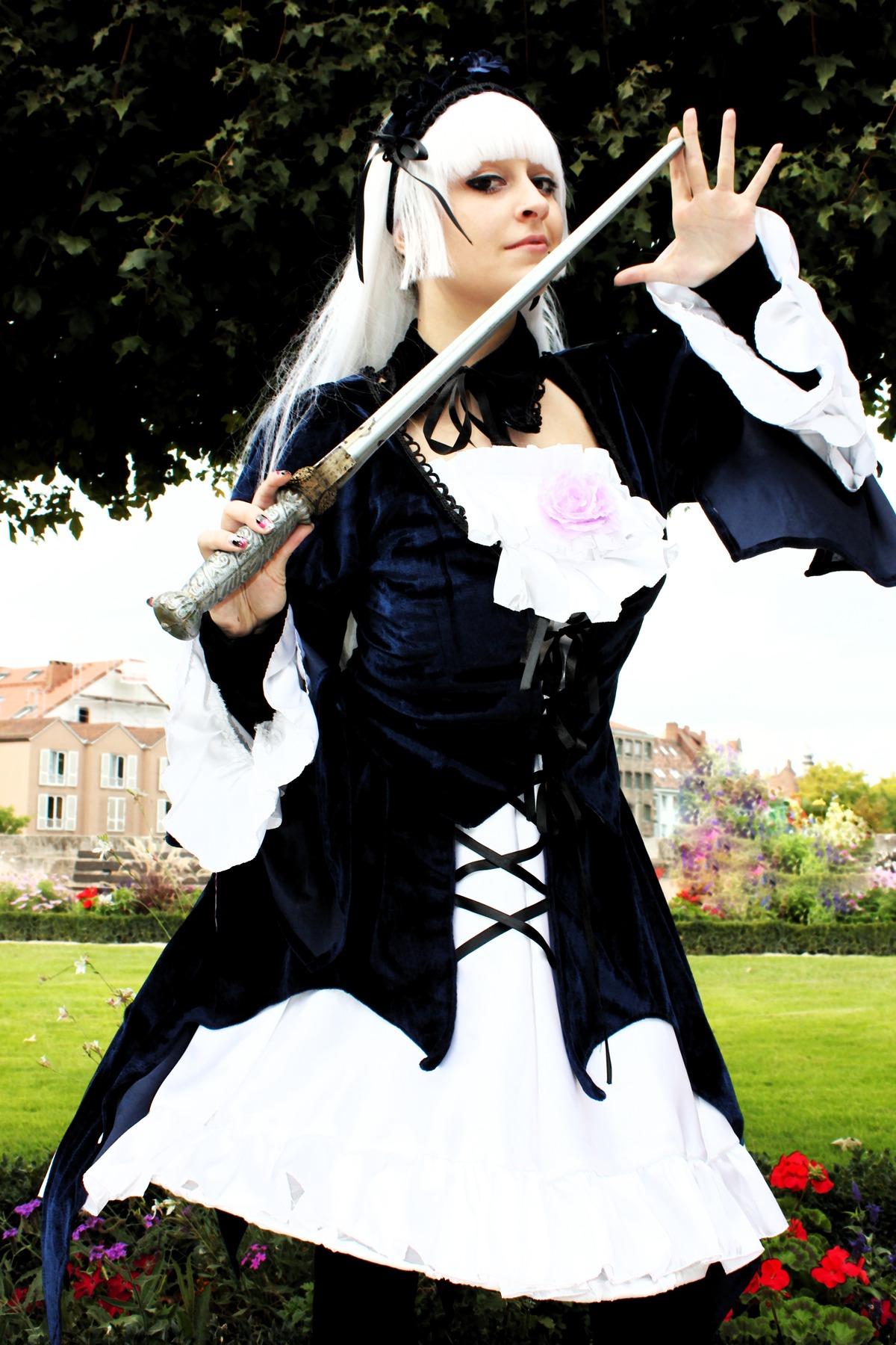 1girl 3d black_dress dress flower garden instrument long_hair nail_polish rose solo suigintou weapon white_hair