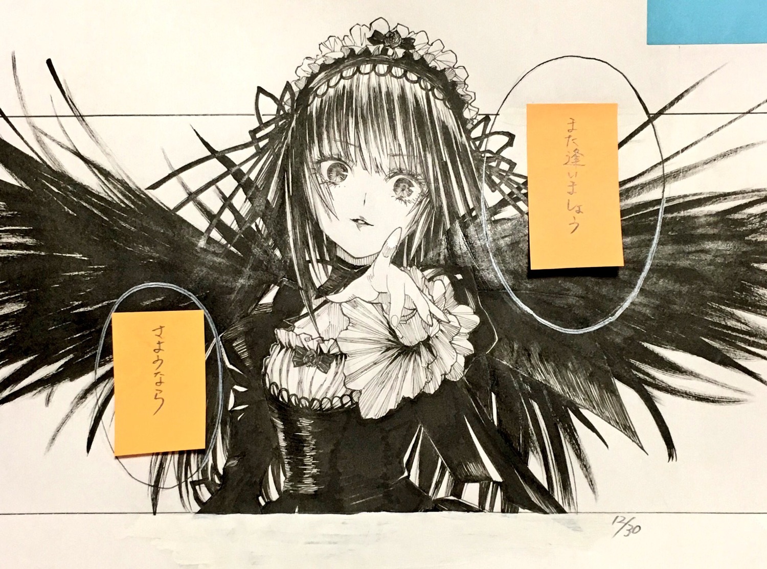 1girl dress frills hairband image lolita_hairband long_hair long_sleeves looking_at_viewer monochrome photo shikishi signature solo suigintou traditional_media wings