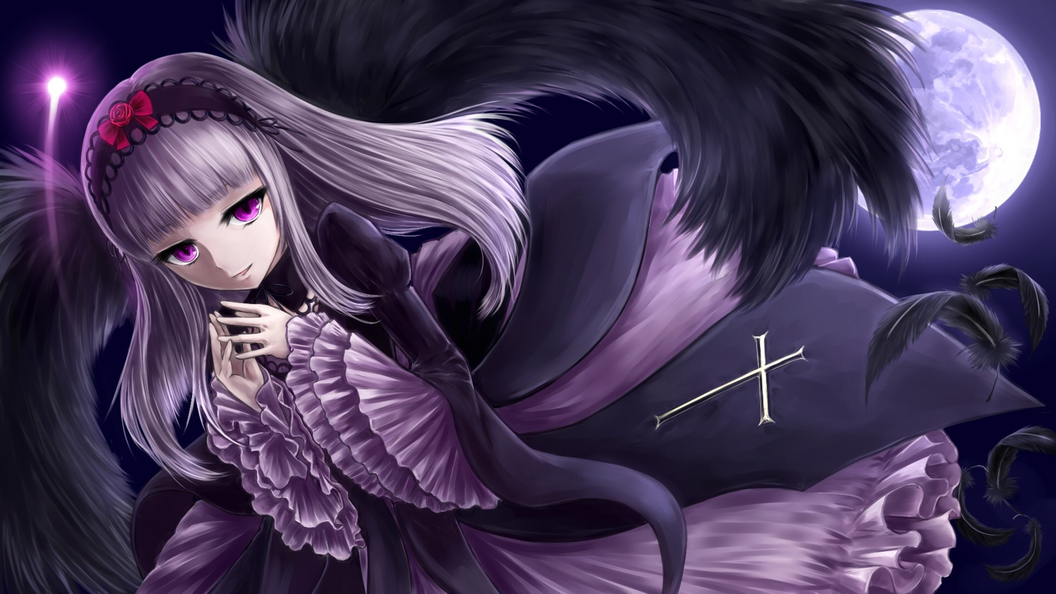 1girl dress frills full_moon hairband image long_hair long_sleeves looking_at_viewer moon night purple_eyes silver_hair smile solo suigintou very_long_hair wings