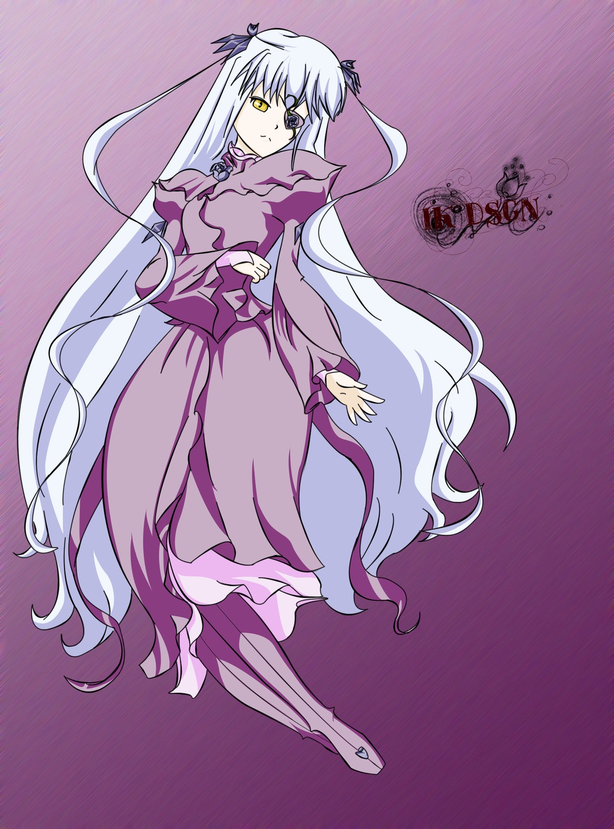 1girl barasuishou dress floating full_body image juliet_sleeves long_dress long_hair long_sleeves purple_background solo standing very_long_hair white_hair yellow_eyes