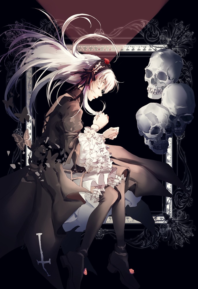 1girl black_dress boots dress flower frills full_body hair_ornament high_heels image long_hair skeleton skull solo suigintou thighhighs white_hair