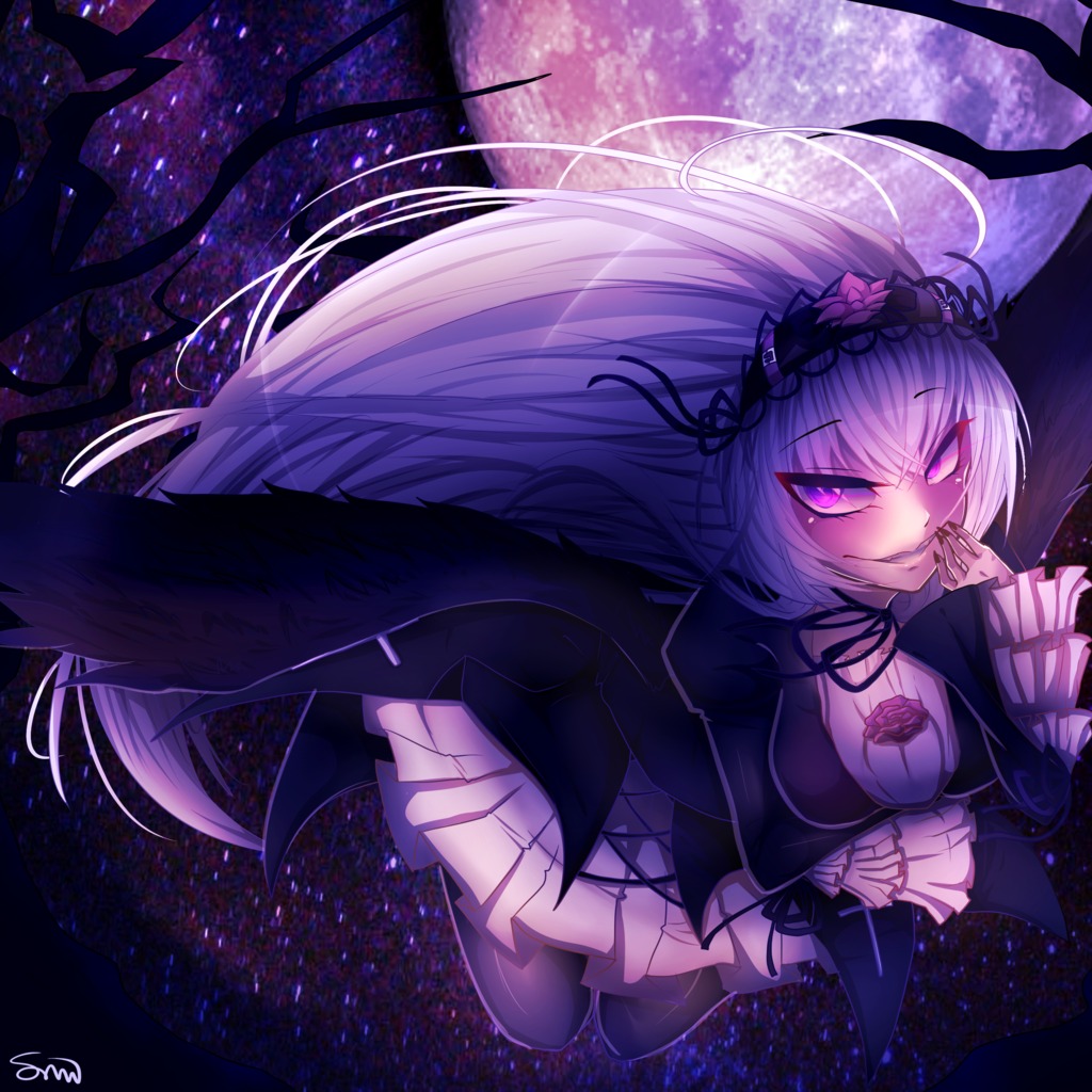 1girl black_wings breasts dress frills full_moon hairband image lolita_hairband long_hair long_sleeves moon pink_eyes signature smile solo suigintou very_long_hair wings