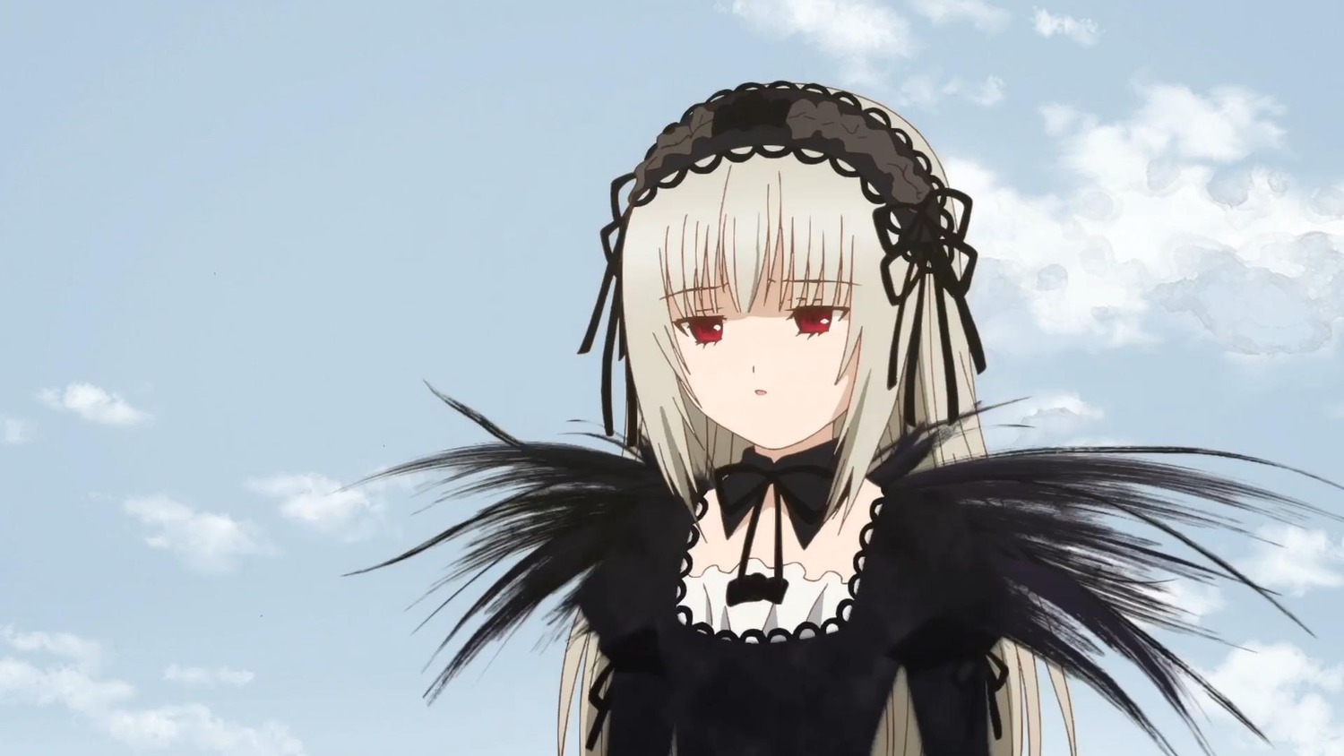 1girl auto_tagged bangs black_dress black_ribbon black_wings cloud day detached_collar dress eyebrows_visible_through_hair frills hairband image long_hair long_sleeves looking_at_viewer red_eyes ribbon silver_hair sky solo suigintou wings