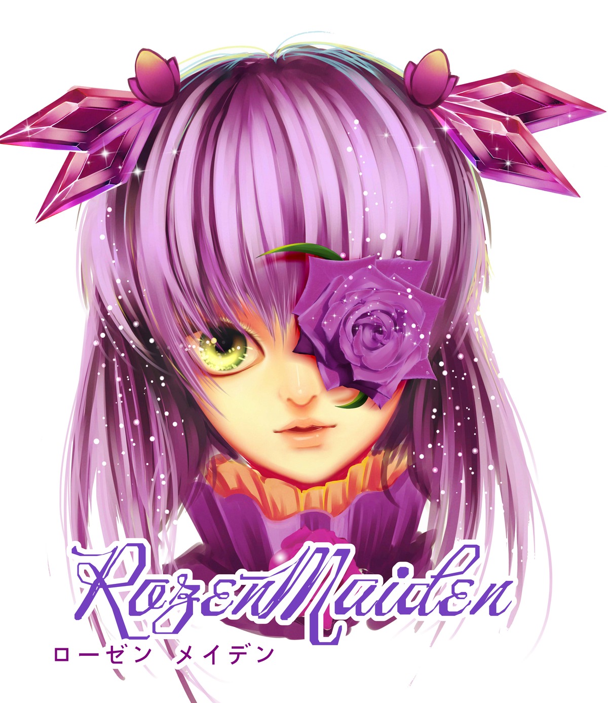 1girl barasuishou flower hair_ornament image long_hair looking_at_viewer pink_flower pink_rose purple_hair rose solo striped vertical_stripes