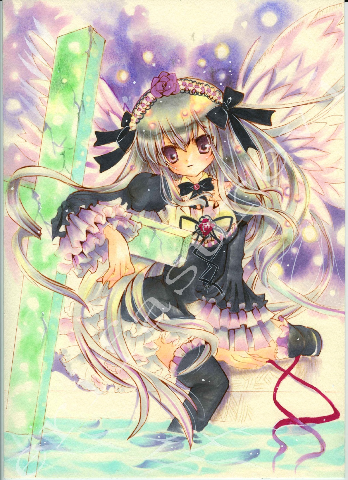 1girl black_legwear dress frills hairband image lolita_fashion long_hair looking_at_viewer marker_(medium) purple_eyes ribbon solo suigintou thighhighs traditional_media very_long_hair wings