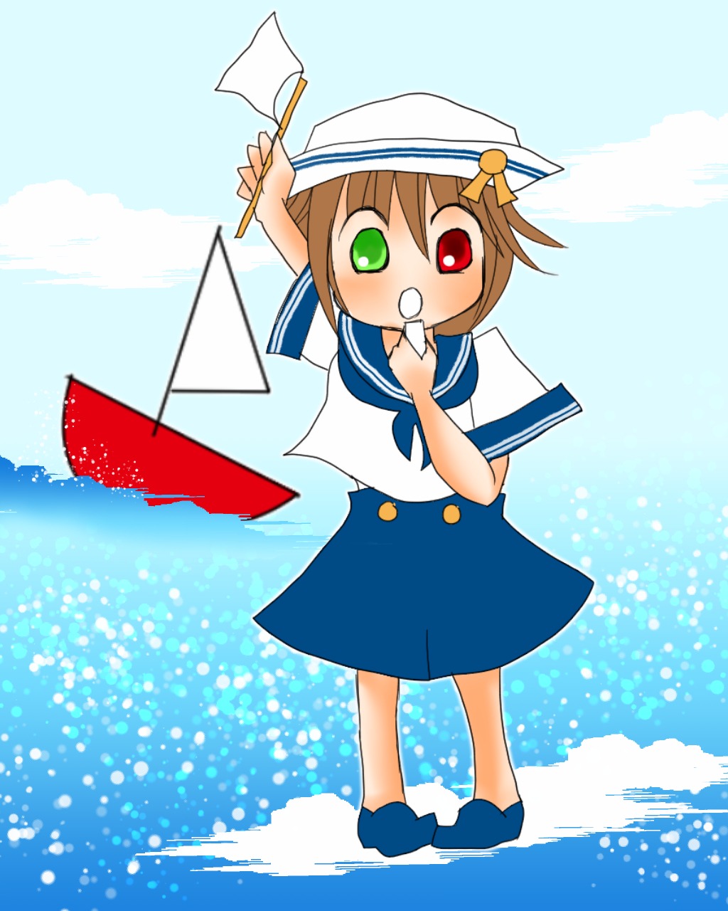 1girl brown_hair green_eyes hat heterochromia image polka_dot red_eyes sailor sailor_collar school_uniform serafuku short_hair skirt solo souseiseki standing