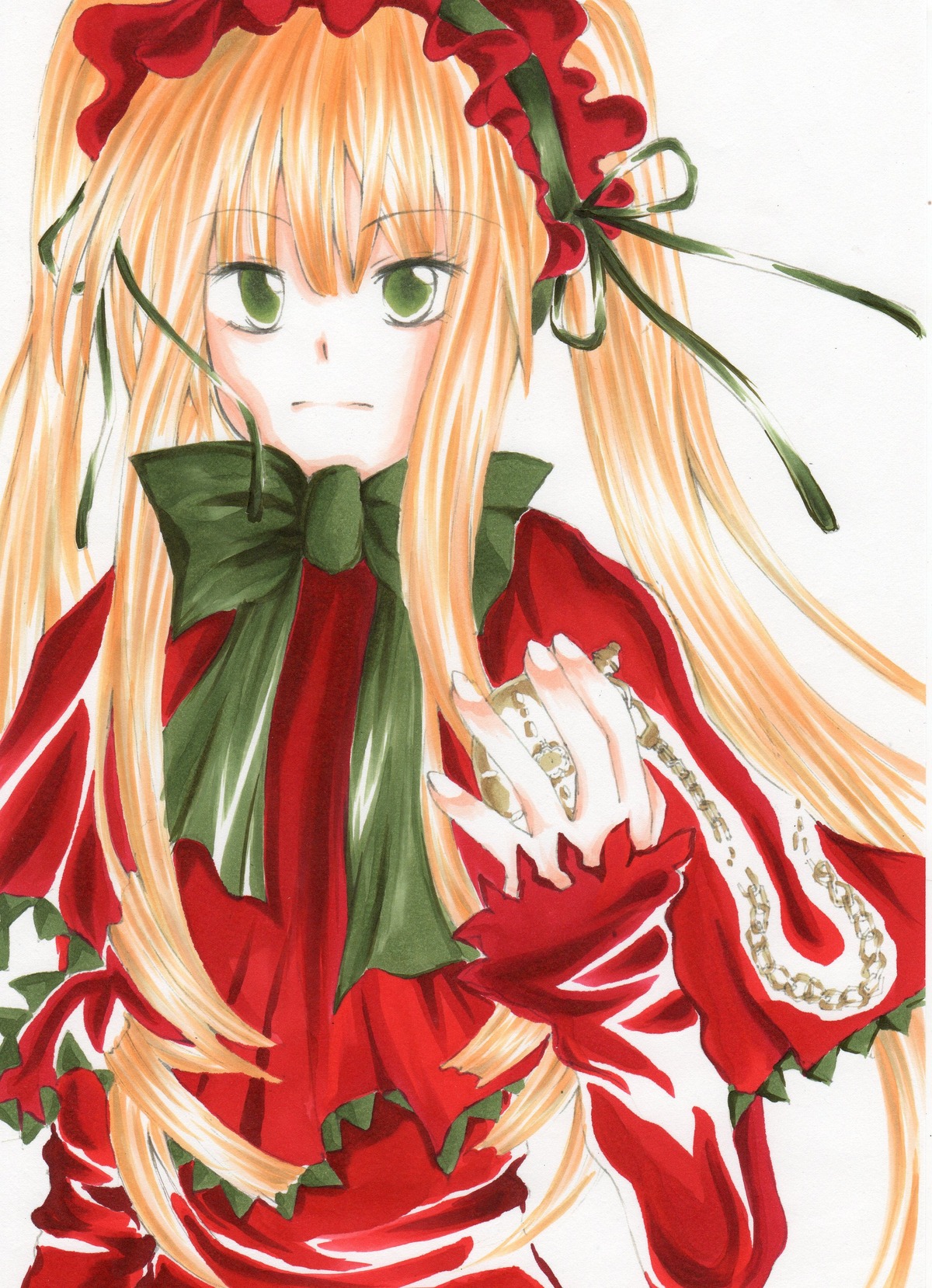 1girl blonde_hair bow bowtie dress frills green_eyes green_neckwear image long_hair long_sleeves looking_at_viewer marker_(medium) ribbon shinku simple_background solo traditional_media upper_body white_background