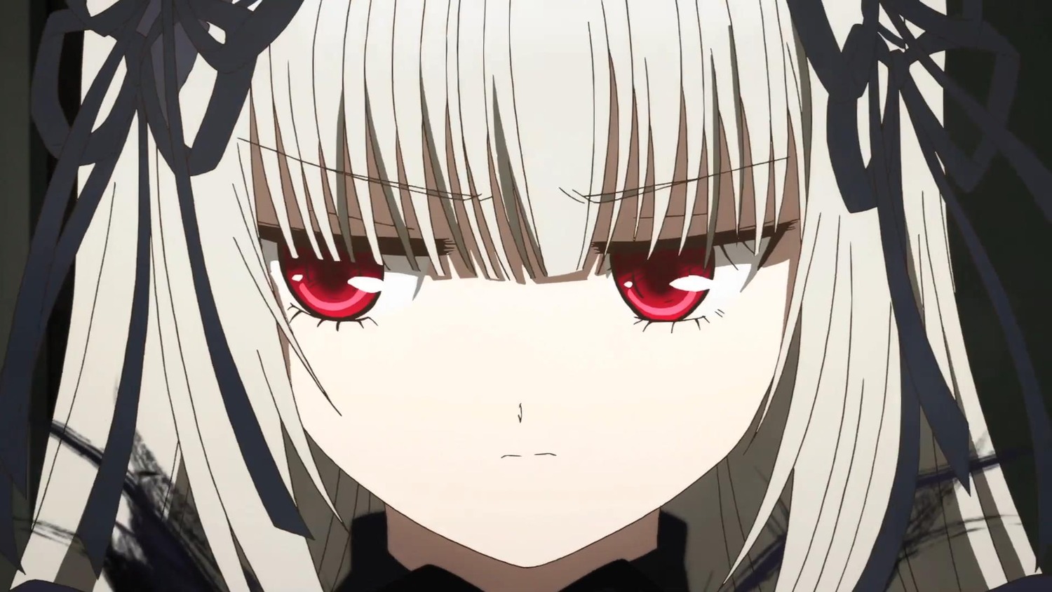 1girl bangs black_ribbon blush closed_mouth eyebrows_visible_through_hair face hair_ribbon image long_hair looking_at_viewer red_eyes ribbon silver_hair simple_background solo suigintou