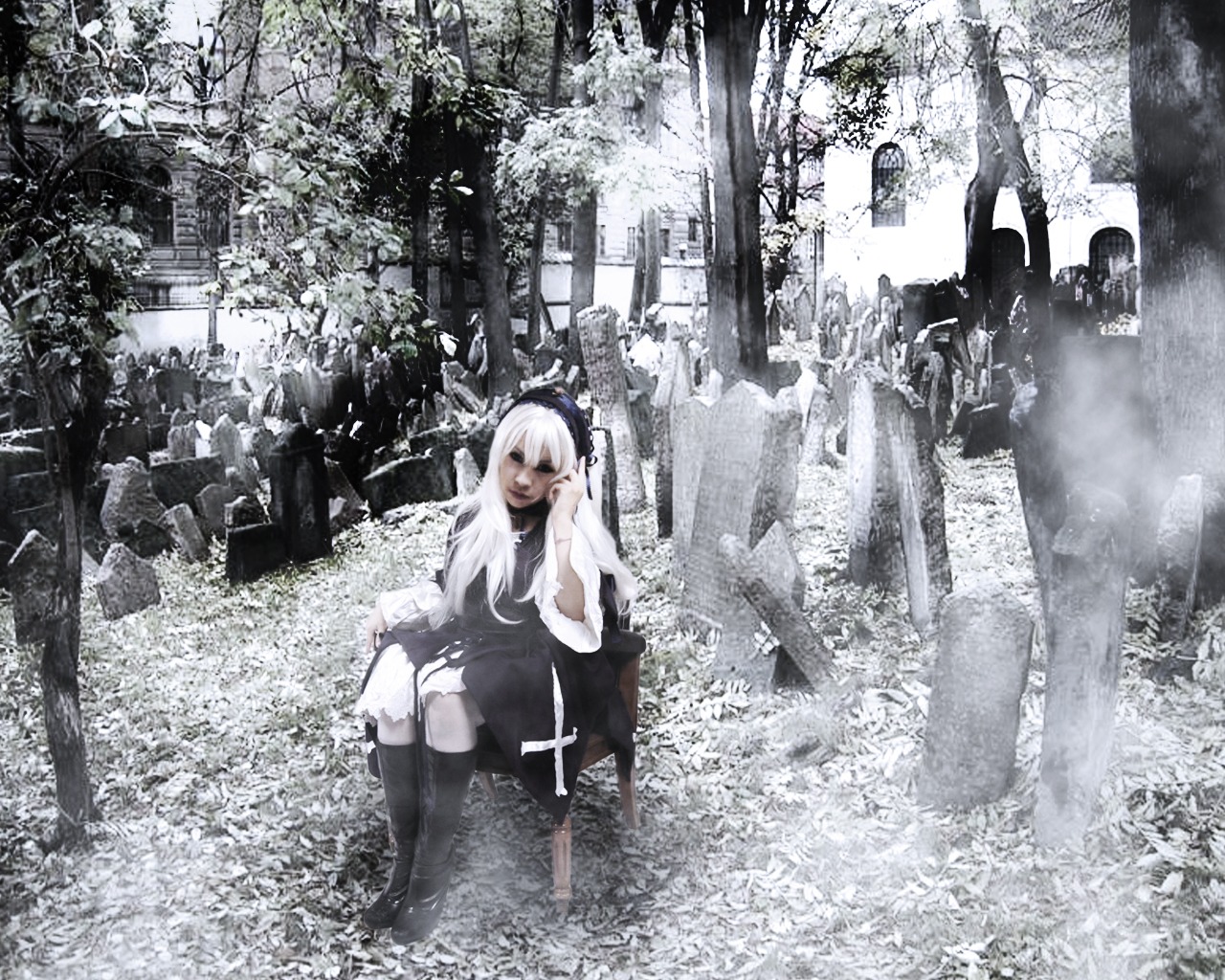 1girl dress greyscale kneehighs long_hair monochrome nature scenery sitting solo suigintou tree white_hair
