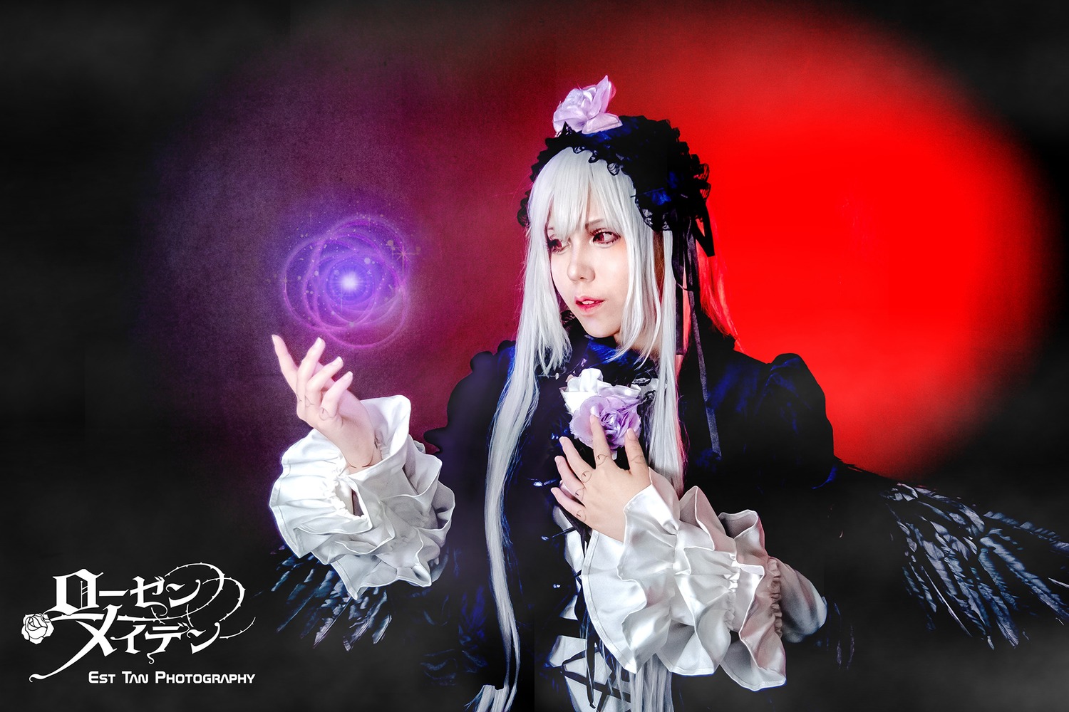 1girl dress flower frilled_sleeves frills gothic_lolita hairband lips lolita_fashion long_hair long_sleeves moon red_eyes red_moon silver_hair solo suigintou upper_body wings