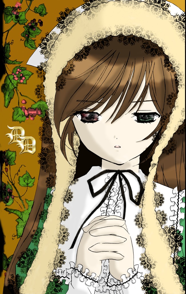 1girl black_ribbon brown_hair dress hands_clasped image lace long_hair long_sleeves looking_at_viewer own_hands_together plant ribbon solo suiseiseki