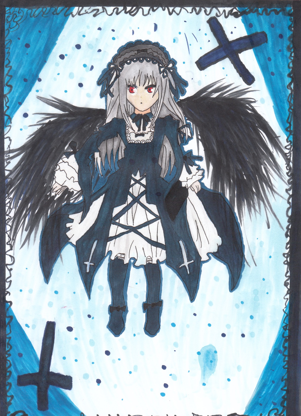 1girl black_dress black_wings boots dress flower frills full_body hairband image long_hair long_sleeves looking_at_viewer red_eyes ribbon rose silver_hair solo suigintou wings