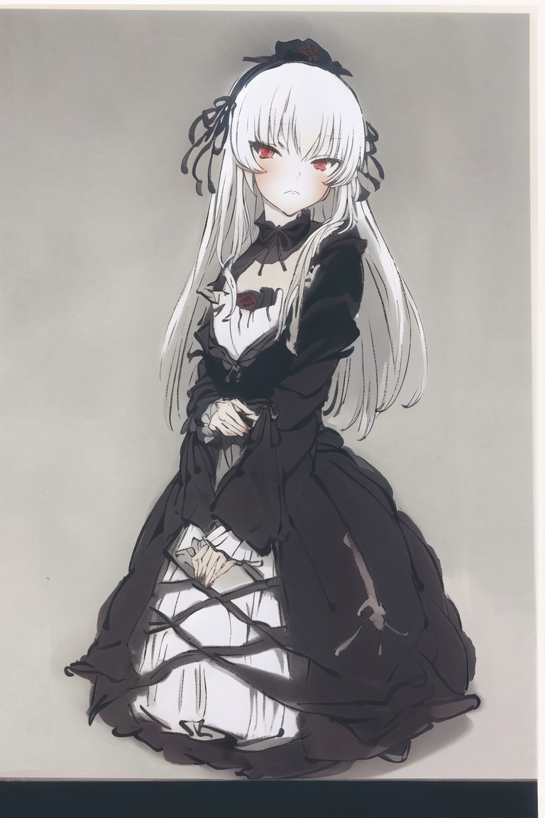 1girl bangs black_dress closed_mouth dress eyebrows_visible_through_hair frills gothic_lolita grey_background hairband lolita_fashion long_hair long_sleeves looking_at_viewer red_eyes rose solo suigintou tagme very_long_hair wide_sleeves