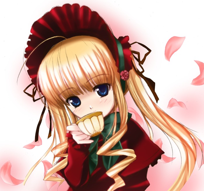 1girl blonde_hair blue_eyes blush bonnet bow capelet dress eating food hat image long_hair long_sleeves looking_at_viewer petals ribbon shinku solo striped twintails upper_body