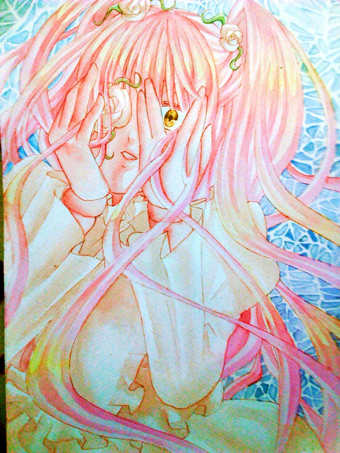 1girl flower hair_flower hair_ornament image kirakishou long_hair pink_hair solo traditional_media yellow_eyes