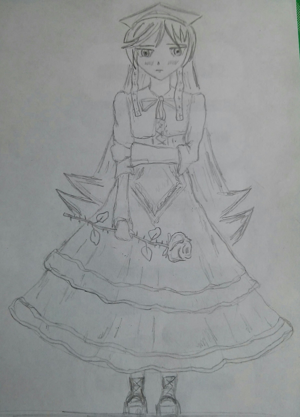 1girl apron closed_mouth dress full_body greyscale image long_hair monochrome puffy_short_sleeves puffy_sleeves short_sleeves sketch solo standing suiseiseki traditional_media