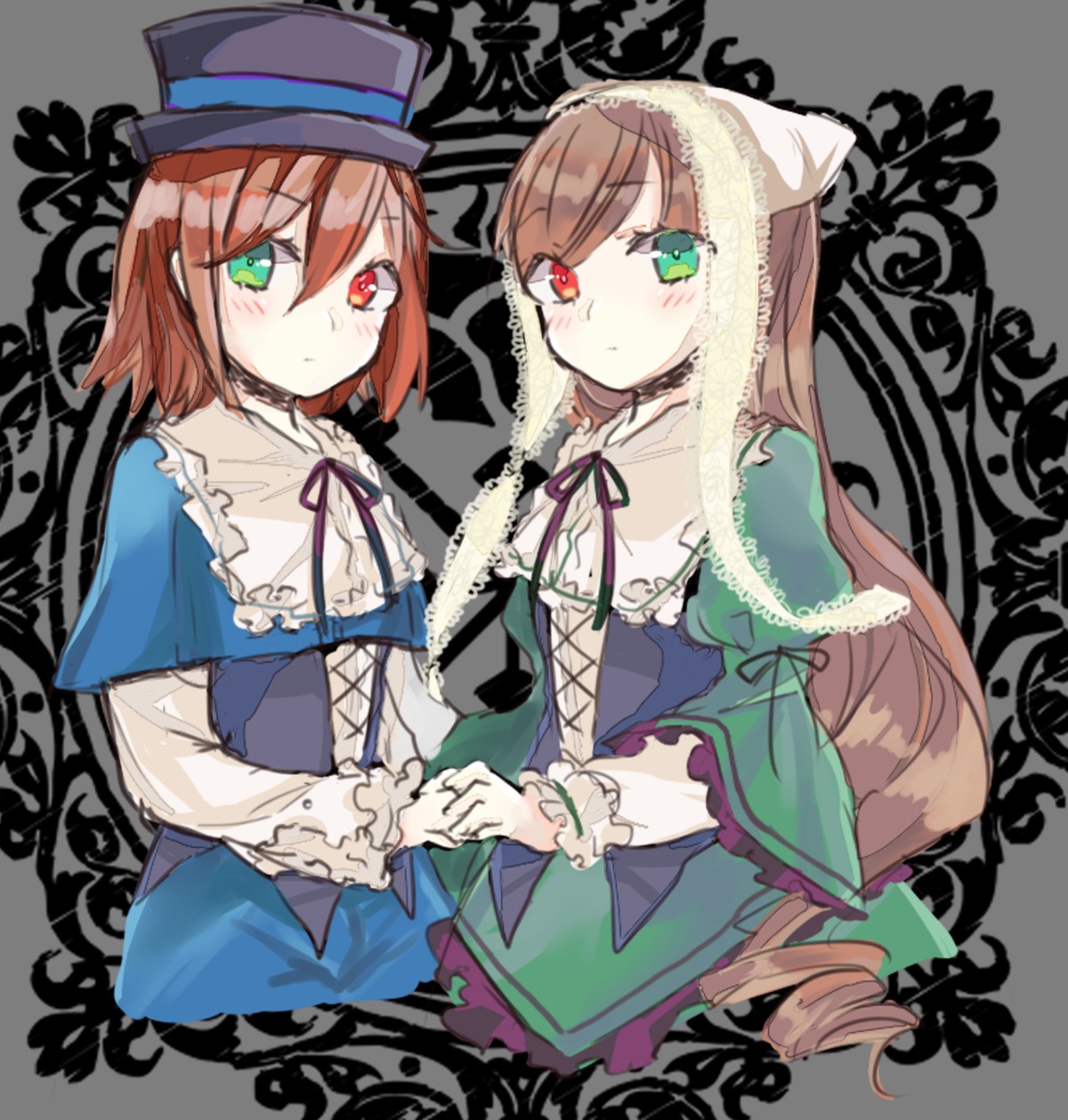 2girls blue_dress blush brown_hair dress frills green_dress green_eyes hat heterochromia holding_hands image long_hair long_sleeves looking_at_viewer multiple_girls pair red_eyes ribbon short_hair siblings sisters souseiseki suiseiseki top_hat twins