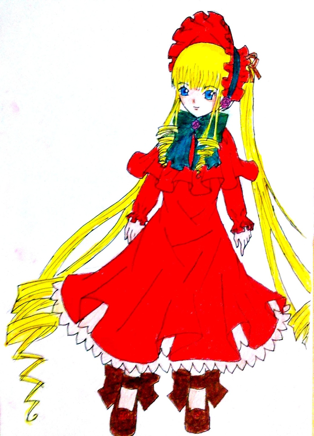 1girl blonde_hair blue_eyes bonnet bow bowtie dress drill_hair frills full_body image long_hair long_sleeves looking_at_viewer red_dress shinku simple_background solo standing twin_drills twintails very_long_hair white_background