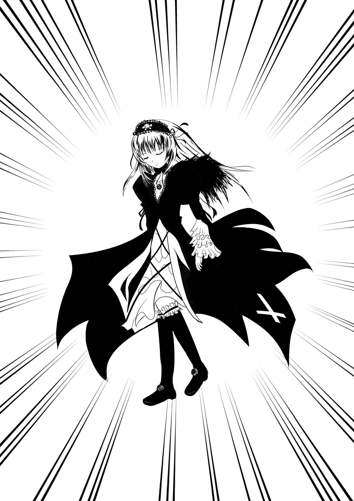 1girl boots closed_mouth dress emphasis_lines full_body greyscale hairband high_heel_boots image long_hair long_sleeves monochrome solo standing suigintou white_background wings