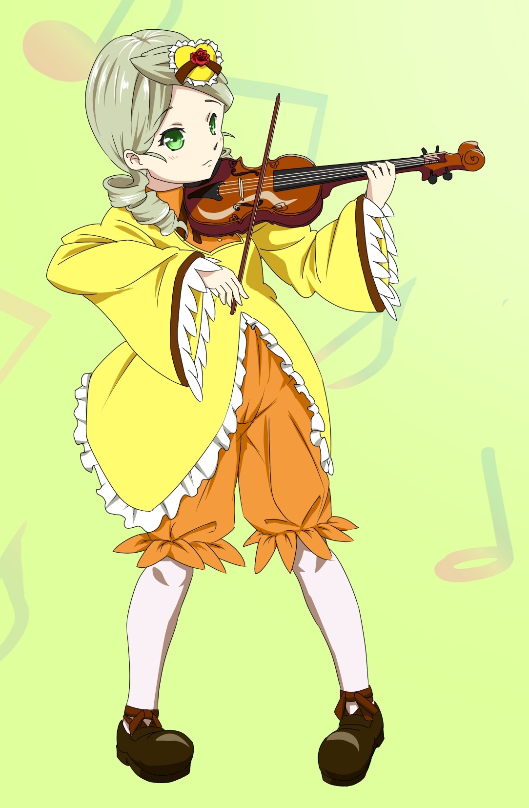1girl bow_(instrument) drill_hair flower full_body green_eyes guitar hair_flower hair_ornament holding_instrument image instrument kanaria music musical_note playing_instrument solo twin_drills violin