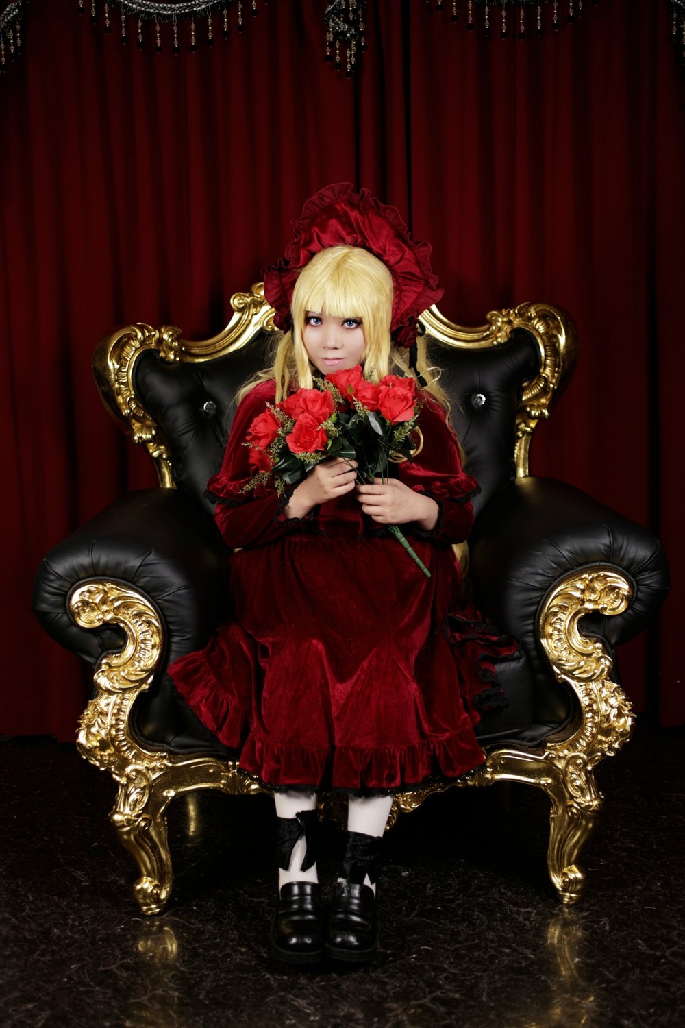 1girl blonde_hair blue_eyes chair dress flower lolita_fashion long_hair looking_at_viewer red_dress rose shinku sitting solo throne