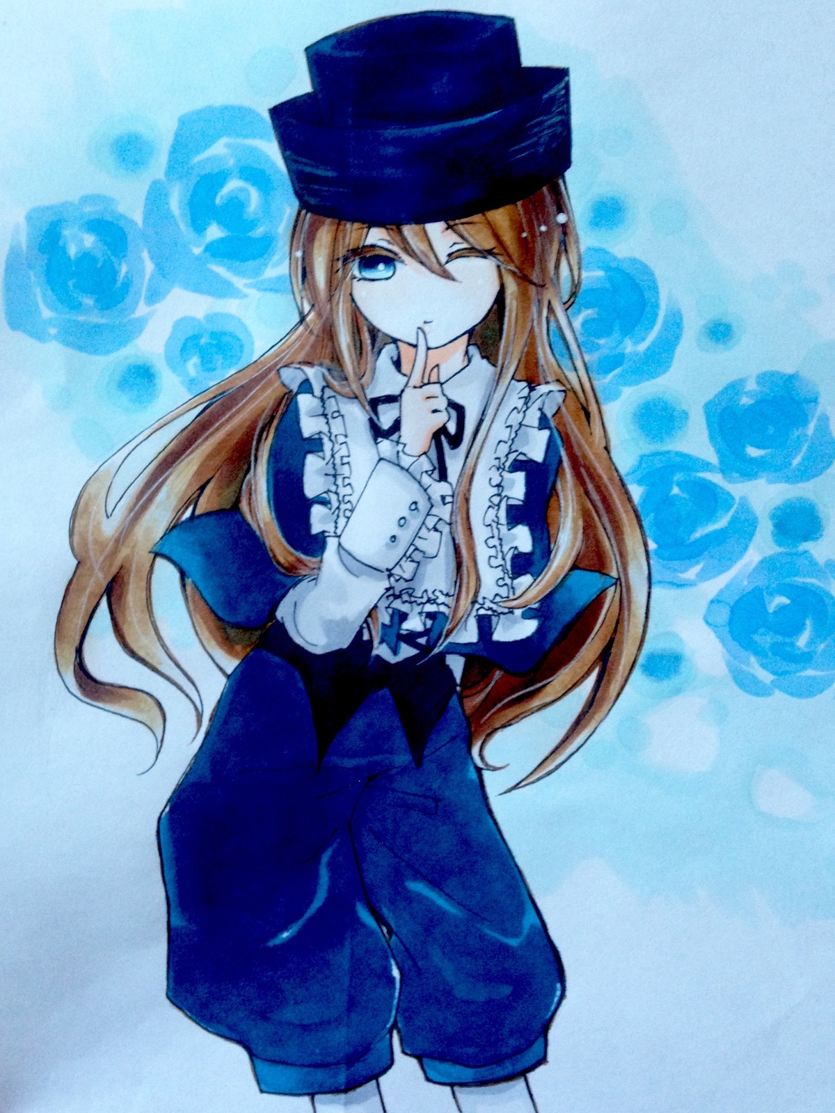 1boy blonde_hair blue_background blue_eyes brown_hair costume_switch finger_to_mouth frills hat image index_finger_raised long_hair long_sleeves one_eye_closed pants shushing smile solo traditional_media watercolor_(medium)