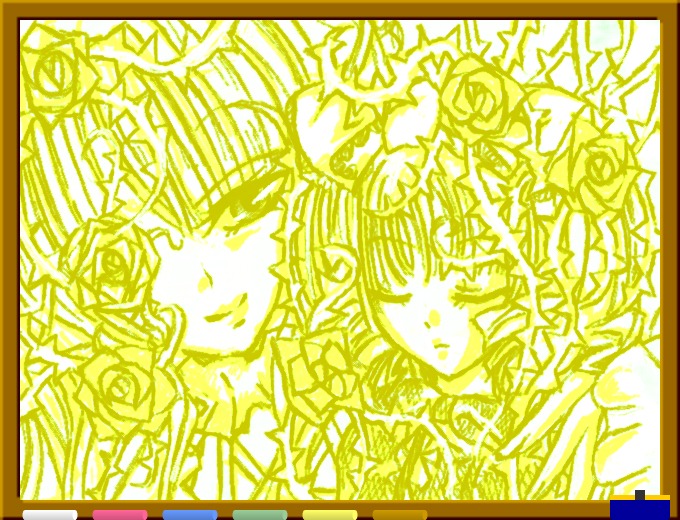 1boy border closed_eyes flower frame hinaichigo image kirakishou letterboxed multiple_girls pair rose white_rose yellow_flower yellow_rose yellow_theme