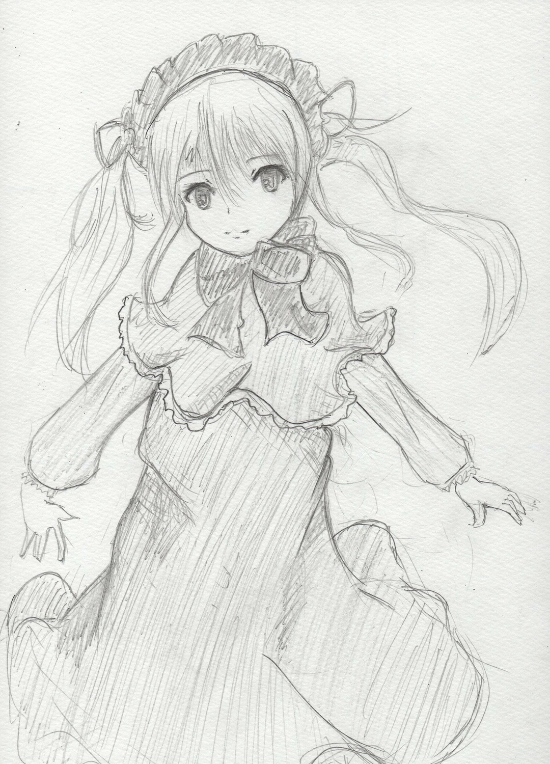 1girl blush bow capelet dress greyscale image long_hair looking_at_viewer monochrome shinku solo traditional_media twintails white_background