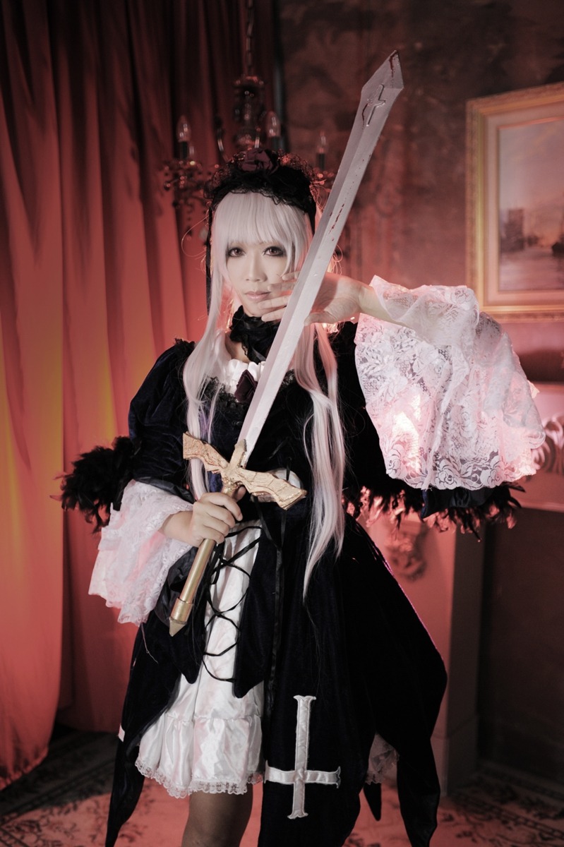 1girl curtains dress frills indoors long_hair long_sleeves solo standing suigintou sword weapon white_hair