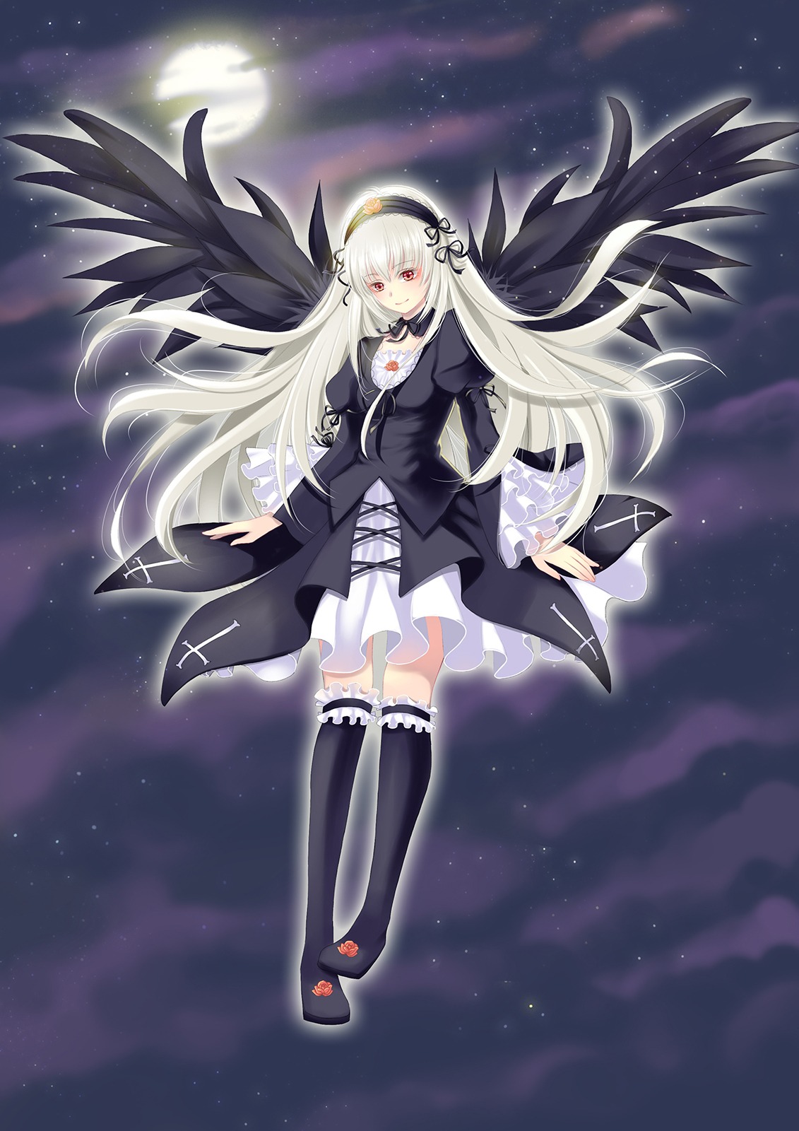 1girl black_legwear boots cloud hairband image long_hair long_sleeves looking_at_viewer moon night night_sky red_eyes silver_hair sky solo star_(sky) starry_sky suigintou thighhighs wings